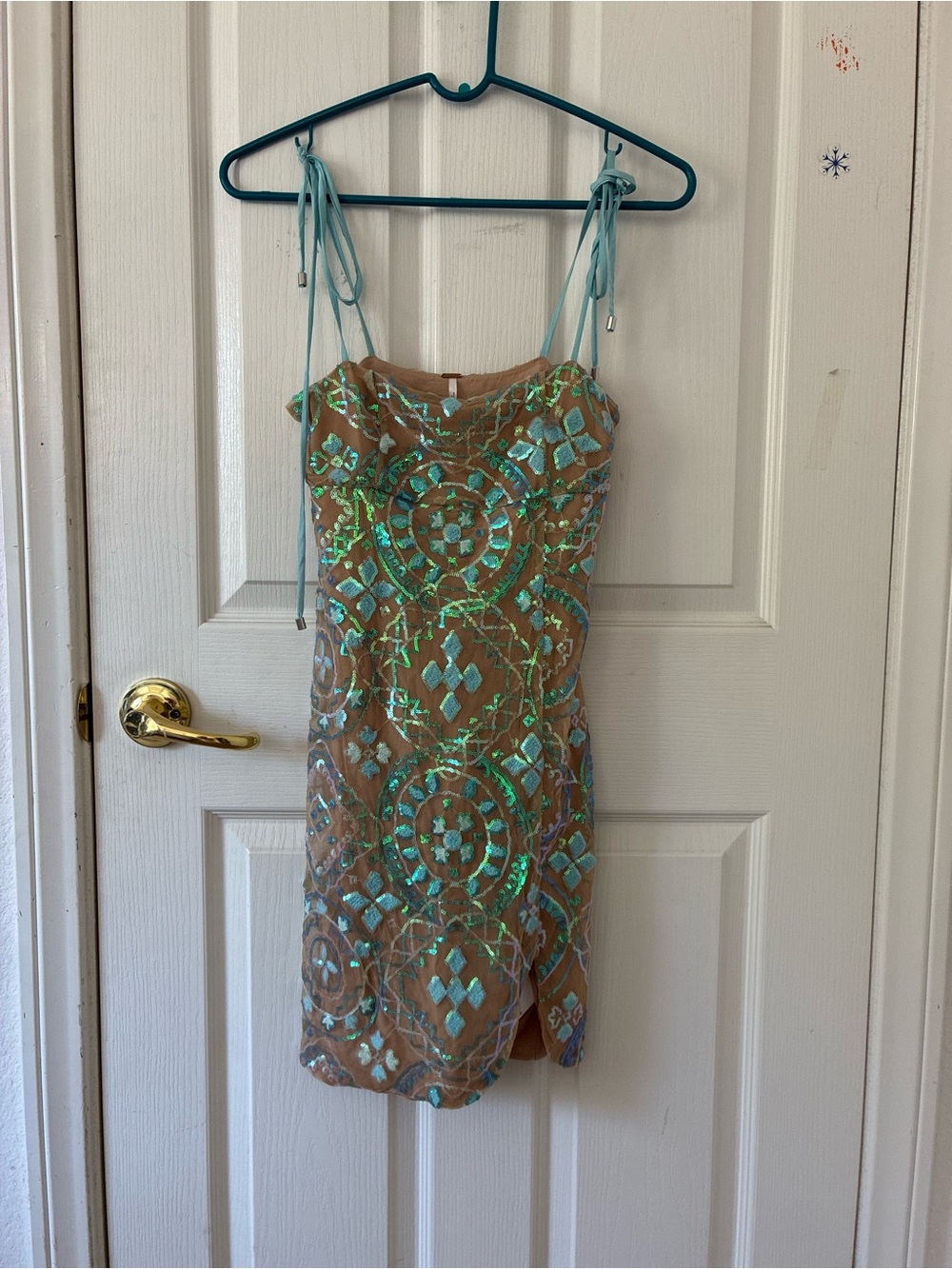 Free People Tan Mini Dress with Aqua Sequin Embellishment